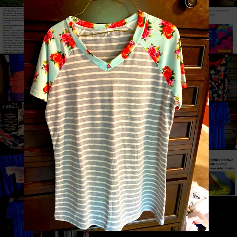Teal flower striped shirt